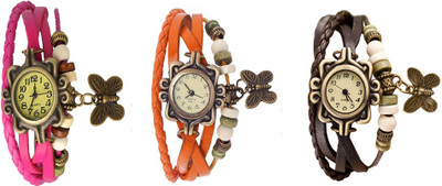 

NS18 Vintage Butterfly Rakhi Watch Combo of 3 Pink, Orange And Brown Watch - For Women