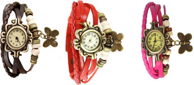 

Kissu Vintage Rakhi Watch Combo of 3 Brown, Red And Pink Watch - For Women