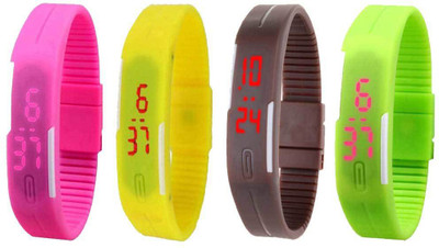 

NS18 Silicone Led Magnet Band Combo of 4 Pink, Yellow, Brown And Green Watch - For Boys & Girls