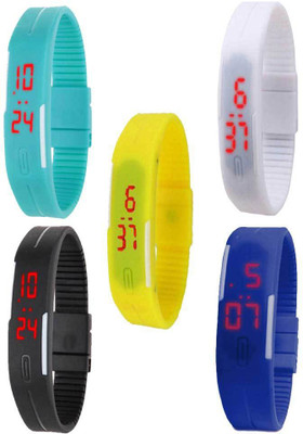 

NS18 Silicone Led Magnet Band Combo of 5 Sky Blue, White, Yellow, Black And Blue Watch - For Boys & Girls