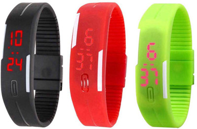 Kissu Led Band Watch Combo of 3 Black, Red And Green Watch - For Couple