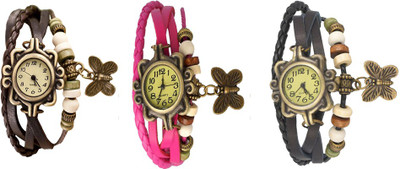 

NS18 Vintage Butterfly Rakhi Watch Combo of 3 Brown, Pink And Black Watch - For Women