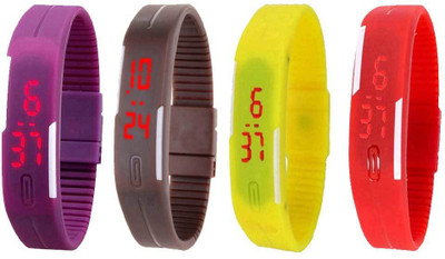 Kissu Led Magnet Band Combo of 4 Purple, Brown, Yellow And Red Watch - For Men & Women