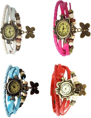 

Kissu Vintage Rakhi Combo of 4 White, Sky Blue, Pink And Red Watch - For Women