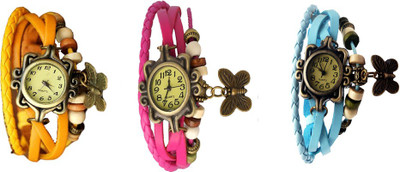 

NS18 Vintage Butterfly Rakhi Watch Combo of 3 Yellow, Pink And Sky Blue Watch - For Women