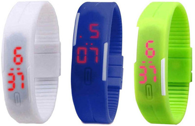 

NS18 Silicone Led Magnet Band Combo of 3 White, Blue And Green Watch - For Boys & Girls