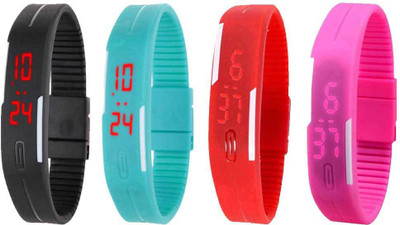 NS18 Silicone Led Magnet Band Watch Combo of 4 Black, Sky Blue, Red And Pink Watch - For Couple