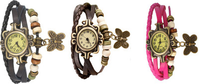 

Kissu Vintage Rakhi Watch Combo of 3 Black, Brown And Pink Watch - For Women