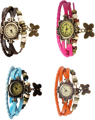 

Kissu Vintage Rakhi Combo of 4 Brown, Sky Blue, Pink And Orange Watch - For Women