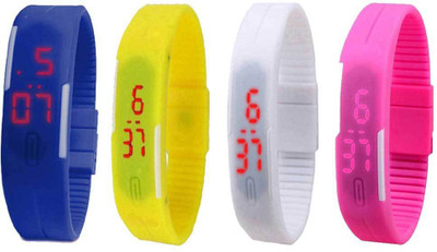 

NS18 Silicone Led Magnet Band Watch Combo of 4 Blue, Yellow, White And Pink Watch - For Couple