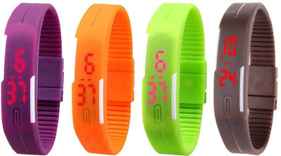

NS18 Silicone Led Magnet Band Combo of 4 Purple, Orange, Green And Brown Watch - For Boys & Girls