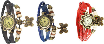 

NS18 Vintage Butterfly Rakhi Watch Combo of 3 Black, Blue And Red Watch - For Women