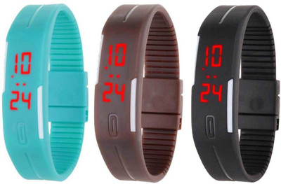 

NS18 Silicone Led Magnet Band Combo of 3 Sky Blue, Brown And Black Watch - For Boys & Girls