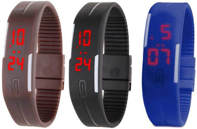 Kissu Led Band Watch Combo of 3 Brown, Black And Blue Watch - For Couple