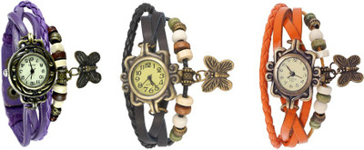 

NS18 Vintage Butterfly Rakhi Watch Combo of 3 Purple, Black And Orange Watch - For Women