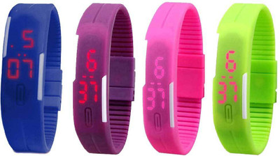 

NS18 Silicone Led Magnet Band Combo of 4 Blue, Purple, Pink And Green Watch - For Boys & Girls