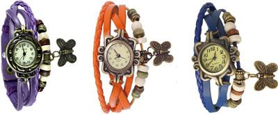 

NS18 Vintage Butterfly Rakhi Watch Combo of 3 Purple, Orange And Blue Watch - For Women