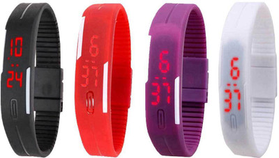 

NS18 Silicone Led Magnet Band Combo of 4 Black, Red, Purple And White Watch - For Boys & Girls