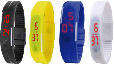 

NS18 Silicone Led Magnet Band Combo of 4 Black, Yellow, Blue And White Watch - For Boys & Girls