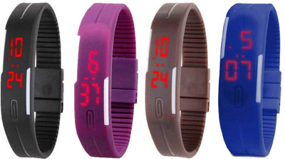 

NS18 Silicone Led Magnet Band Combo of 4 Black, Purple, Brown And Blue Watch - For Boys & Girls