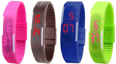 

NS18 Silicone Led Magnet Band Combo of 4 Pink, Brown, Blue And Green Watch - For Boys & Girls
