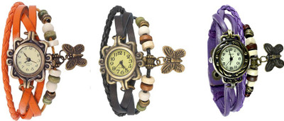 

Kissu Vintage Rakhi Watch Combo of 3 Orange, Black And Purple Watch - For Women