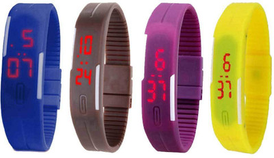 

NS18 Silicone Led Magnet Band Combo of 4 Blue, Brown, Purple And Yellow Watch - For Boys & Girls