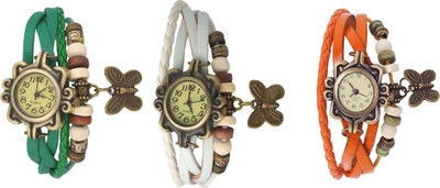 

Kissu Vintage Rakhi Watch Combo of 3 Green, White And Orange Watch - For Women