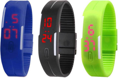 

NS18 Silicone Led Magnet Band Combo of 3 Blue, Black And Green Watch - For Boys & Girls
