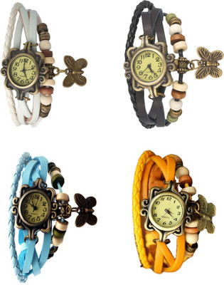 

Kissu Vintage Rakhi Combo of 4 White, Sky Blue, Black And Yellow Watch - For Women