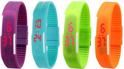 

NS18 Silicone Led Magnet Band Combo of 4 Purple, Sky Blue, Green And Orange Watch - For Boys & Girls