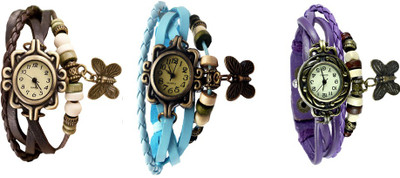

NS18 Vintage Butterfly Rakhi Watch Combo of 3 Brown, Sky Blue And Purple Watch - For Women