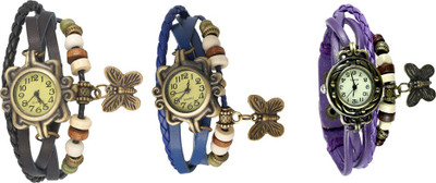 

NS18 Vintage Butterfly Rakhi Watch Combo of 3 Black, Blue And Purple Watch - For Women