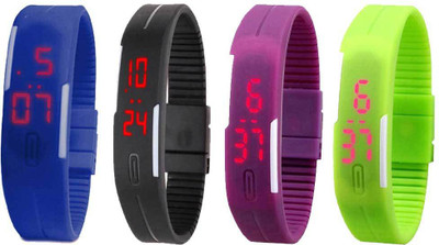 

NS18 Silicone Led Magnet Band Combo of 4 Blue, Black, Purple And Green Watch - For Boys & Girls