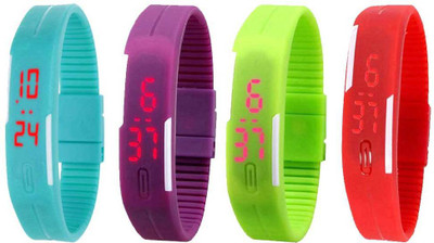 

NS18 Silicone Led Magnet Band Watch Combo of 4 Sky Blue, Purple, Green And Red Watch - For Couple