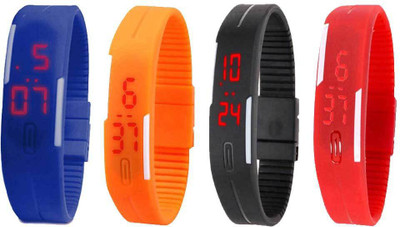 Kissu Led Magnet Band Combo of 4 Blue, Orange, Black And Red Watch - For Men & Women