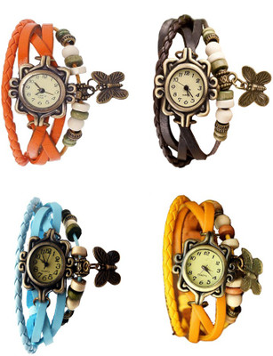 

Kissu Vintage Rakhi Combo of 4 Orange, Sky Blue, Brown And Yellow Watch - For Women