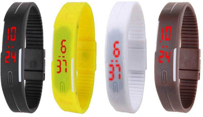 

NS18 Silicone Led Magnet Band Combo of 4 Black, Yellow, White And Brown Watch - For Boys & Girls