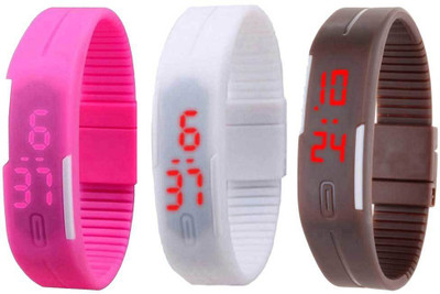 RSN Silicone Led Magnet Band Combo of 3 Pink, White And Brown Watch - For Men & Women