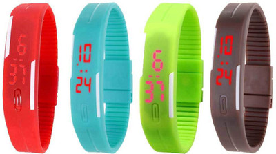 

NS18 Silicone Led Magnet Band Combo of 4 Red, Sky Blue, Green And Brown Watch - For Boys & Girls