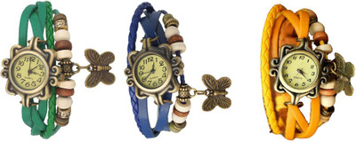 

NS18 Vintage Butterfly Rakhi Combo of 3 Green, Blue And Yellow Watch - For Women