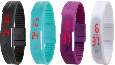 

NS18 Silicone Led Magnet Band Combo of 4 Black, Sky Blue, Purple And White Watch - For Boys & Girls
