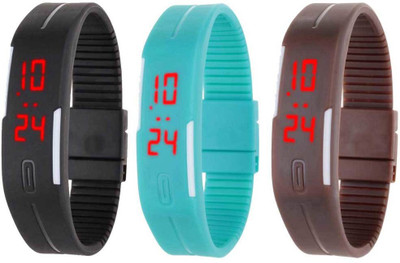 

NS18 Silicone Led Magnet Band Combo of 3 Black, Sky Blue And Brown Watch - For Boys & Girls