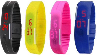 

NS18 Silicone Led Magnet Band Combo of 4 Black, Yellow, Pink And Blue Watch - For Boys & Girls