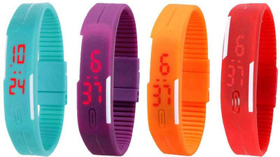 Kissu Led Magnet Band Combo of 4 Sky Blue, Purple, Orange And Red Watch - For Men & Women