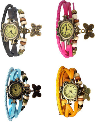 

Kissu Vintage Rakhi Combo of 4 Black, Sky Blue, Pink And Yellow Watch - For Women