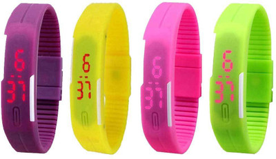 

NS18 Silicone Led Magnet Band Combo of 4 Purple, Yellow, Pink And Green Watch - For Boys & Girls