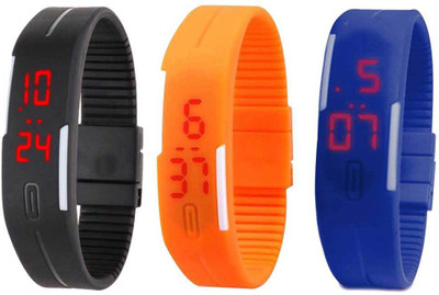 

NS18 Silicone Led Magnet Band Combo of 3 Black, Orange And Blue Watch - For Boys & Girls