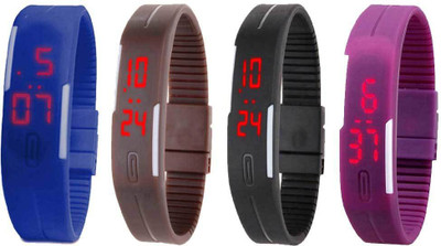 Kissu Led Magnet Band Combo of 4 Blue, Brown, Black And Purple Watch - For Men & Women