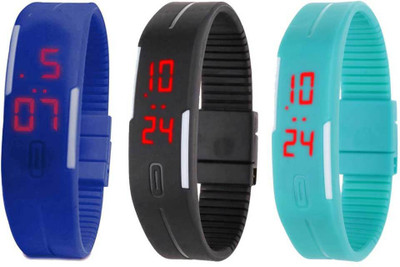

NS18 Silicone Led Magnet Band Combo of 3 Blue, Black And Sky Blue Watch - For Boys & Girls